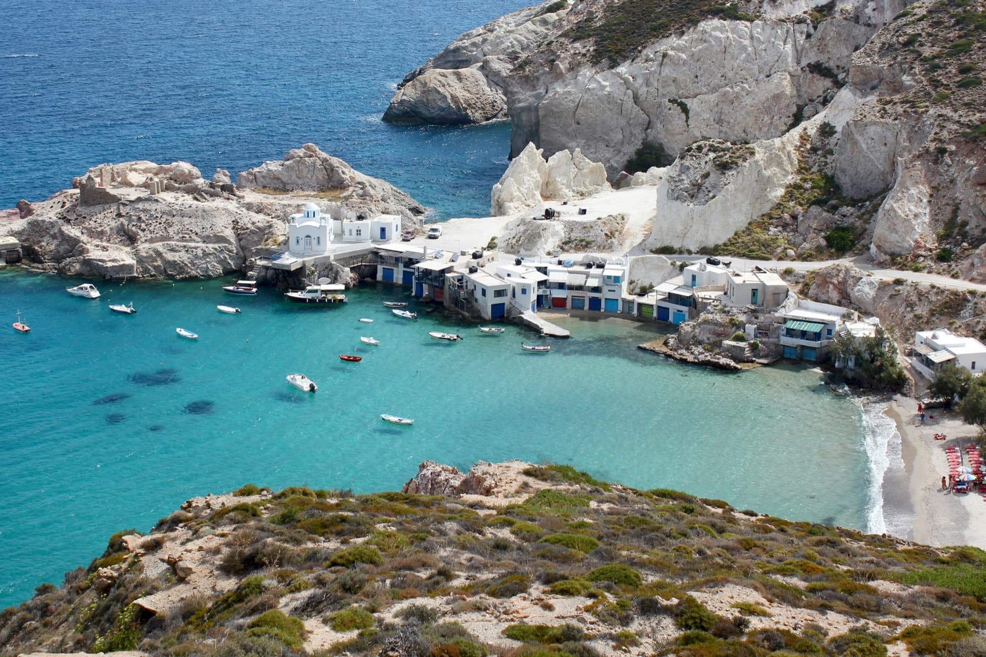 Firopotamos, painted fishermen houses on Milos
