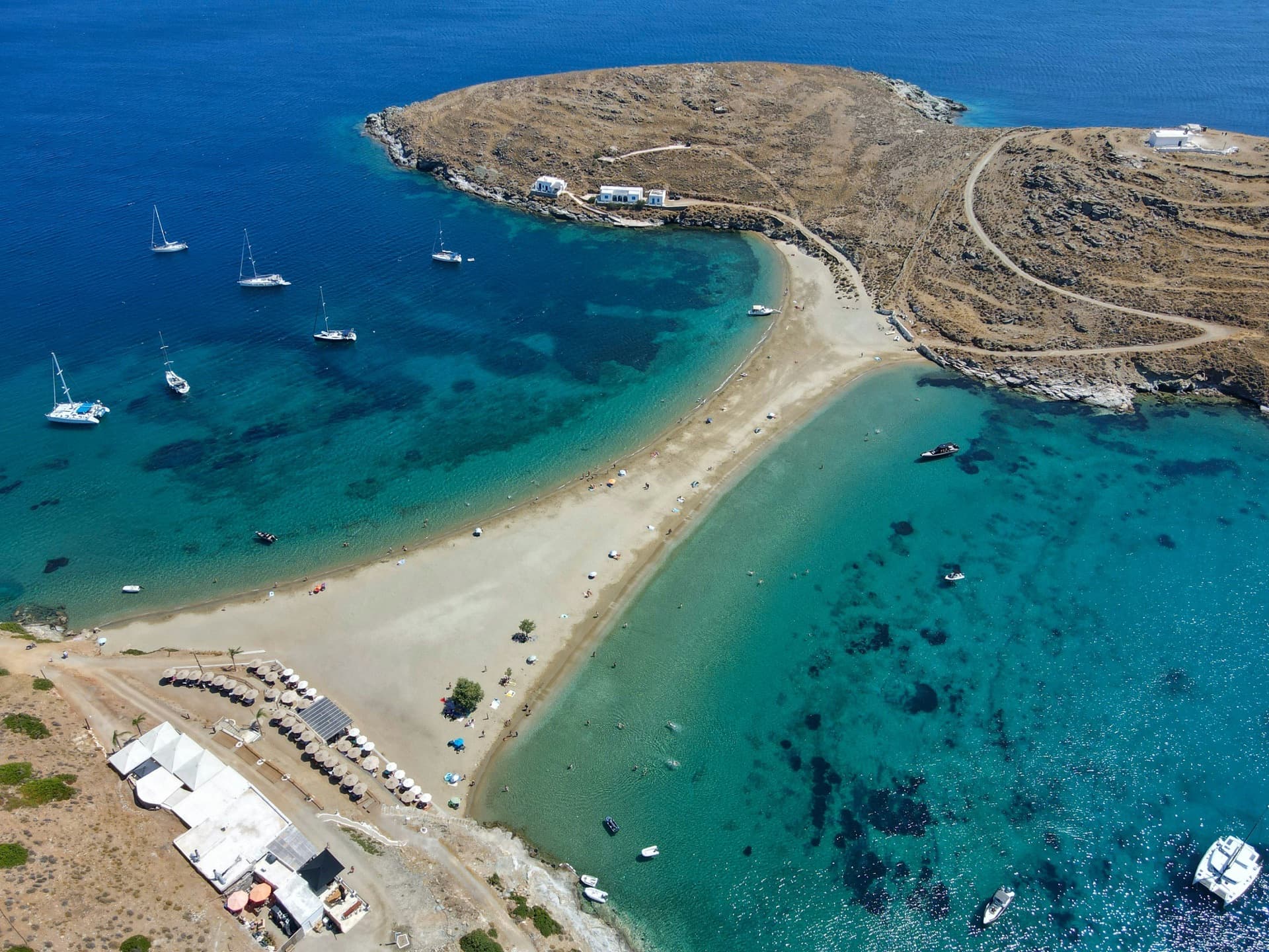 Kythnos, twin bays with sand spit and boats