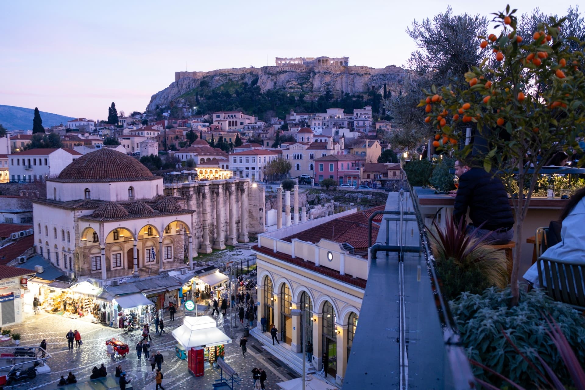 Rooftop hotel terrace with Parthenon view, Athens