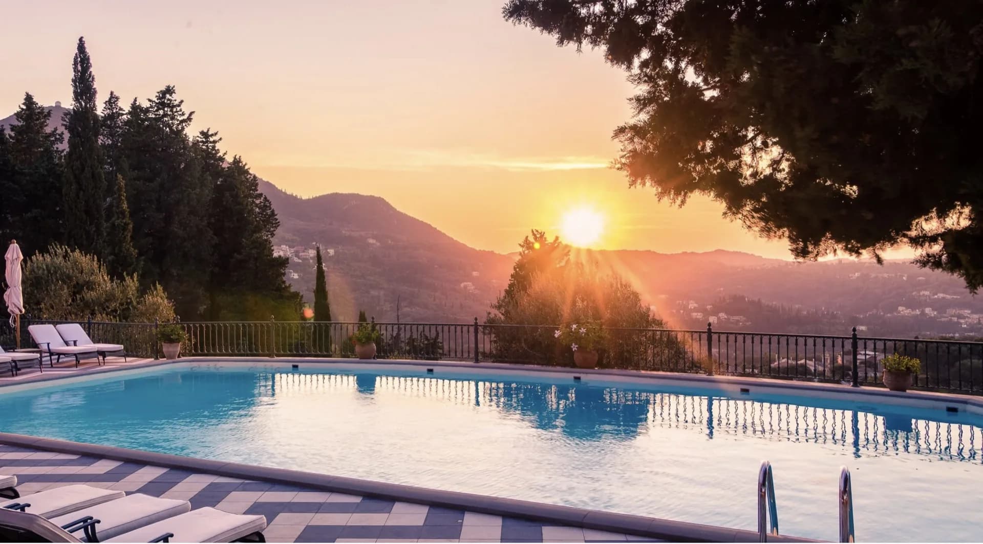 Villa pool at sunset, the Peloponnese