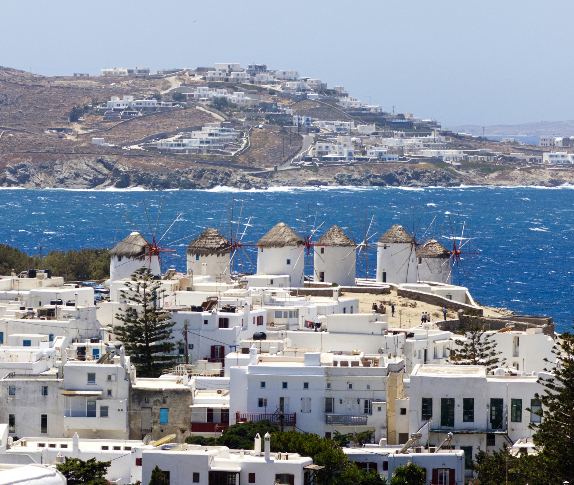 Mykonos windmills above the whitewashed town