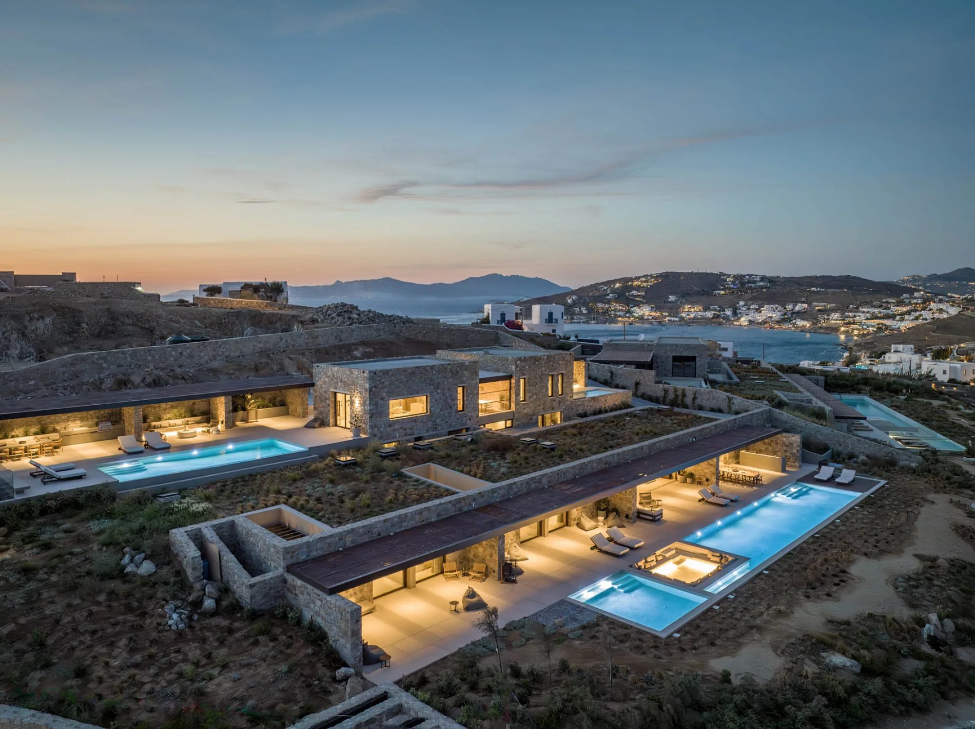 Private residence above Mykonos at dusk