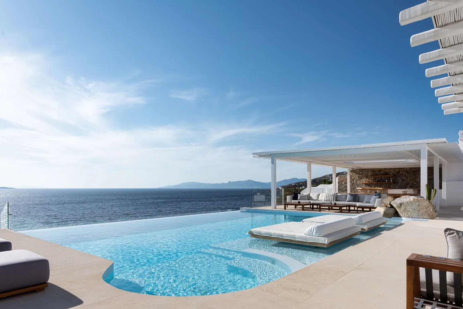 Villa Esmeralda from the bay, the cove and the open Aegean below