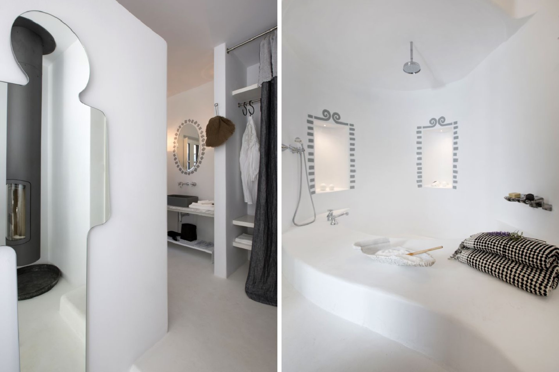 White Cycladic bathroom with curved plaster forms