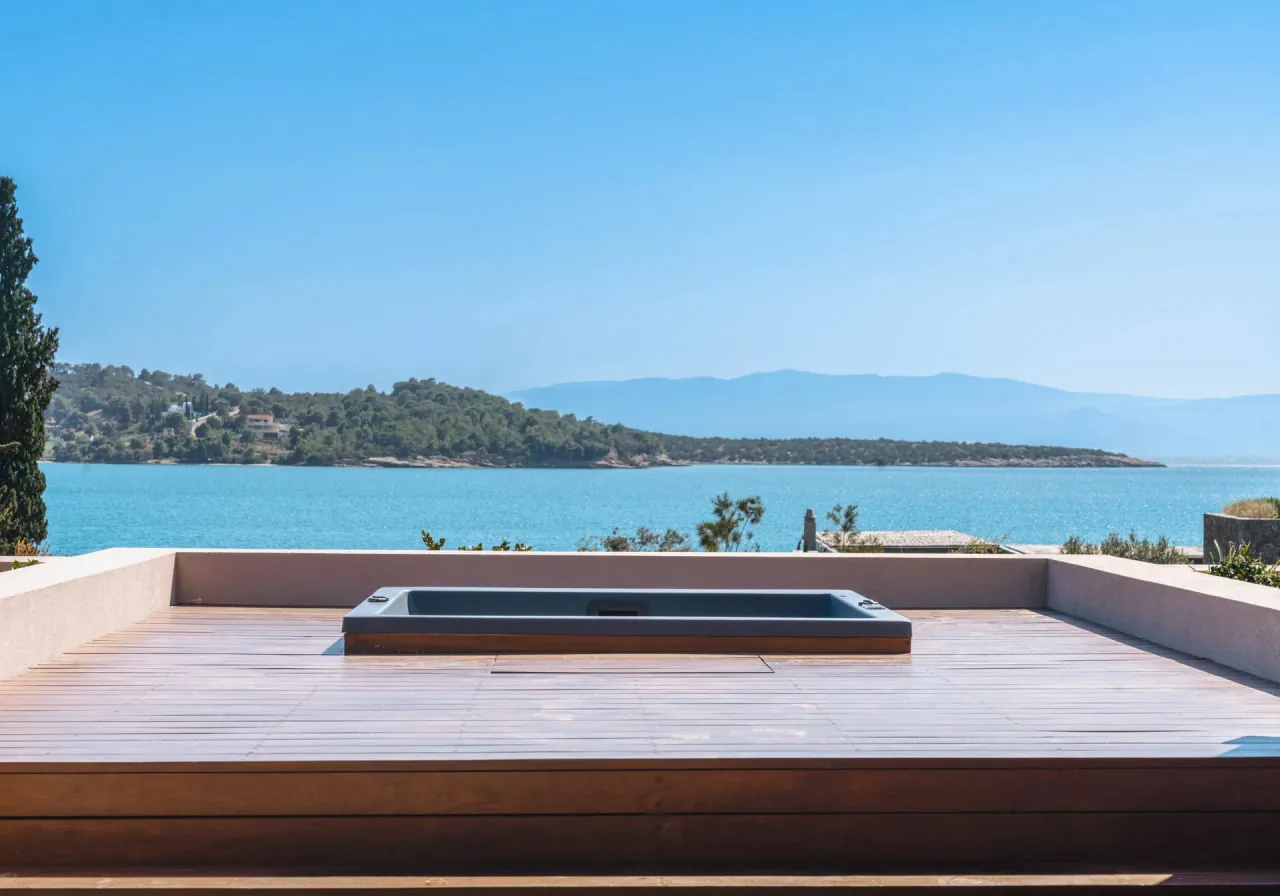 Outdoor jacuzzi on the master terrace, panoramic view of the bay