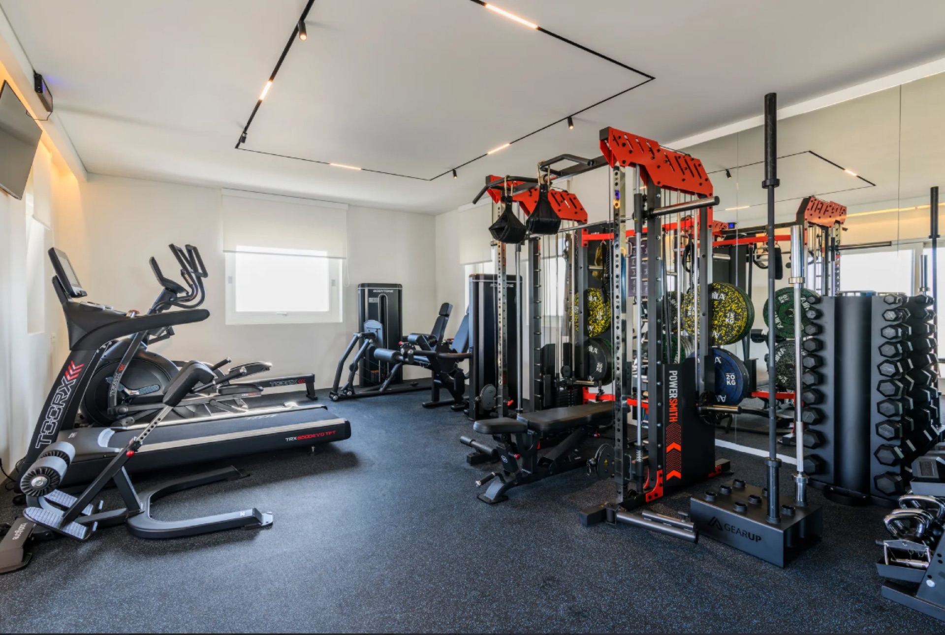 Private indoor gym with cardio and weight equipment