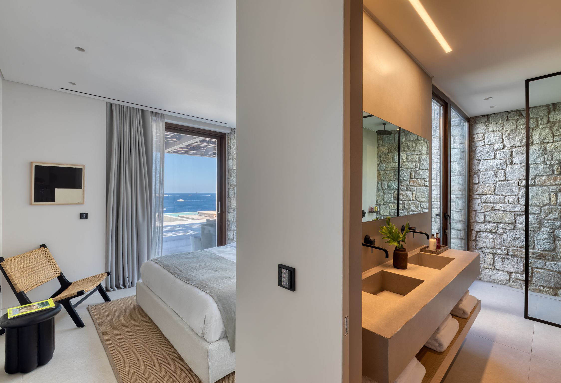 En-suite bedroom with sea view and stone-wall bathroom