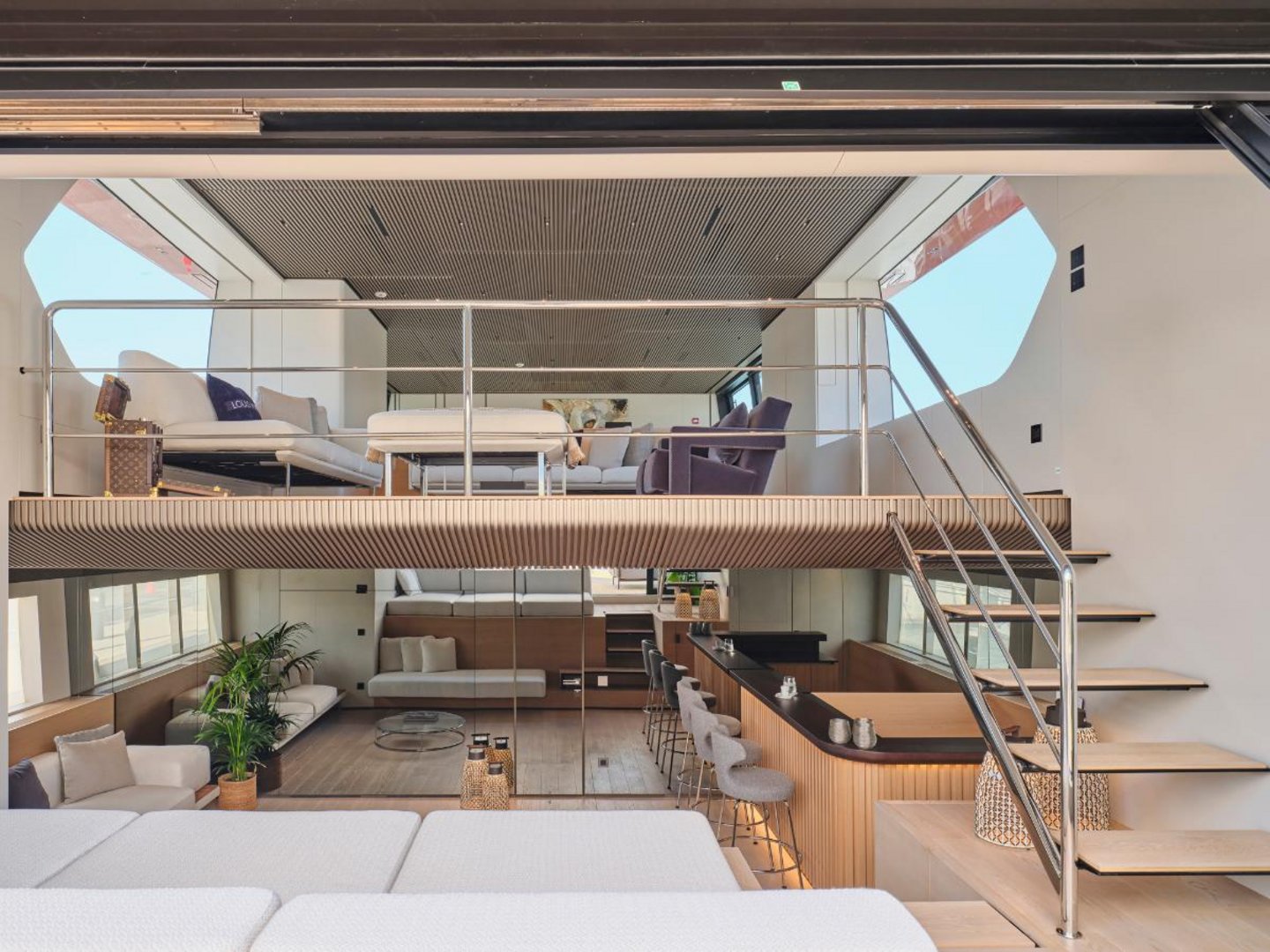 Main salon interior with floor-to-ceiling windows